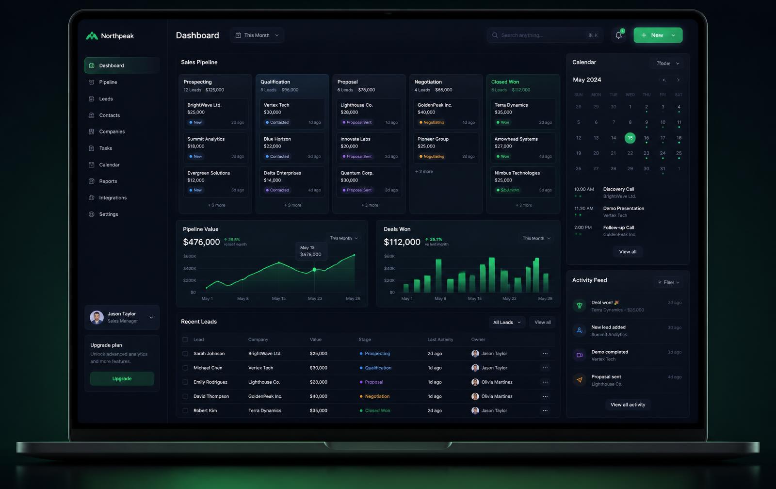 Notebook exibindo o dashboard da GFTZap com CRM, pipeline, agenda e relatórios